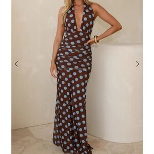 Hello Molly Brown & Blue Polka Dot Maxi Halter Dress